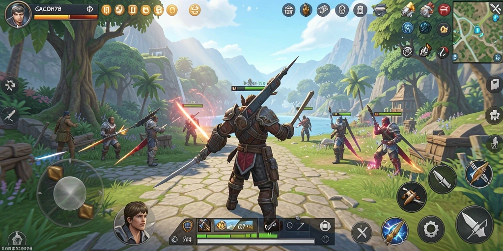 Tampilan gameplay GACOR78 dengan dunia terbuka yang ramai dan indah.