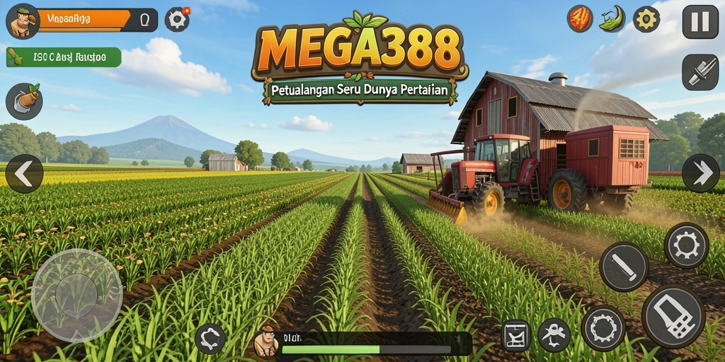 Screenshot gameplay MEGA388 menampilkan kebun yang subur dan hasil panen melimpah.