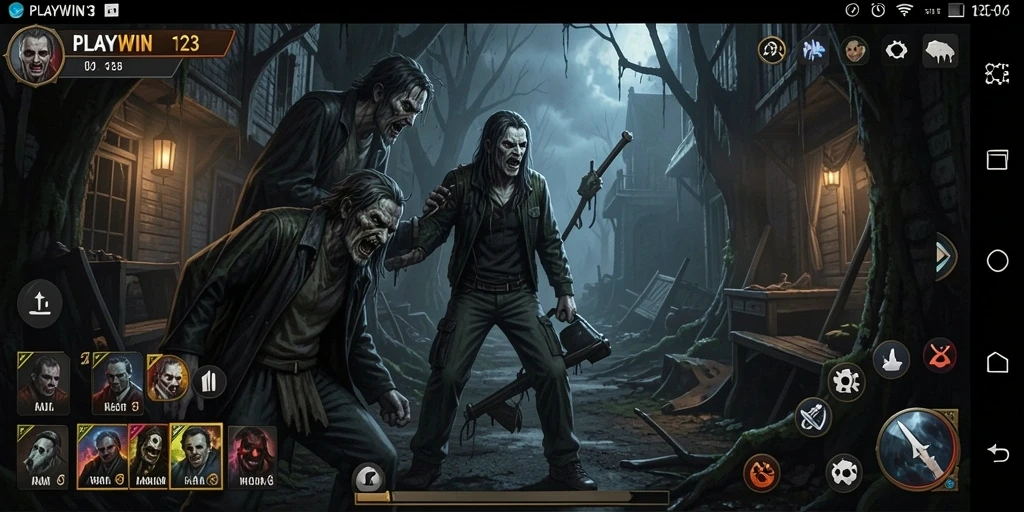 Screenshot gameplay PLAYWIN123 menampilkan suasana horror yang mencekam.