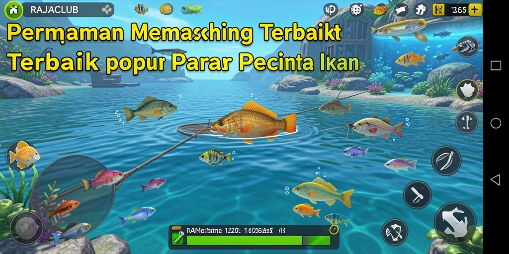 Tangkapan layar gameplay RAJACLUB menampilkan aksi memancing yang mendebarkan.