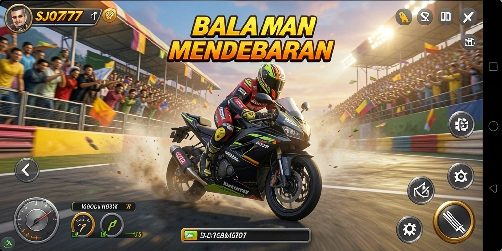 Tampilan gameplay SJO777 dengan aksi balapan motor yang mendebarkan.