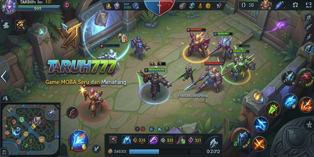 Tampilan seru gameplay TARUH777 dalam pertarungan tim MOBA.